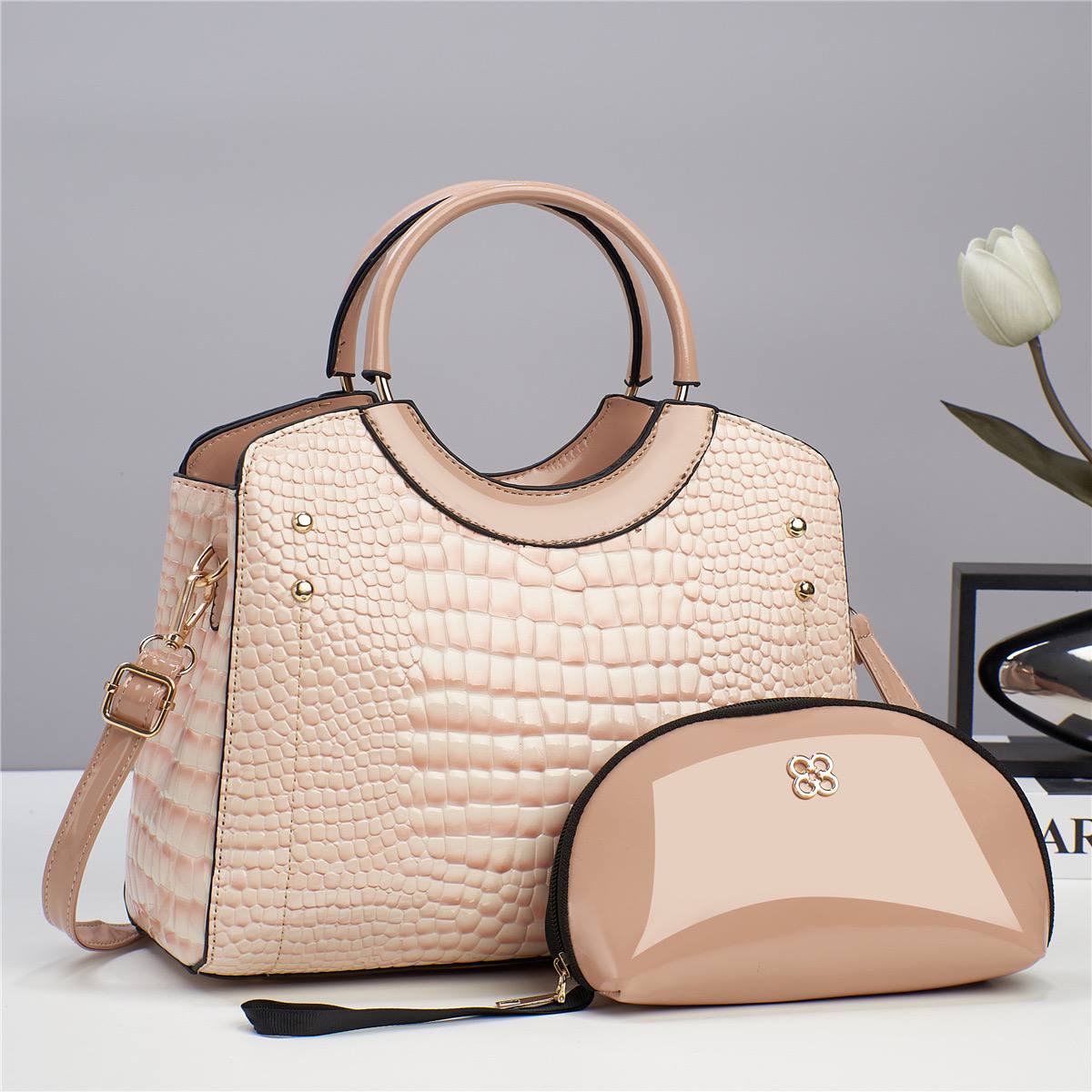 Croc-Textured Structured Handbag Set