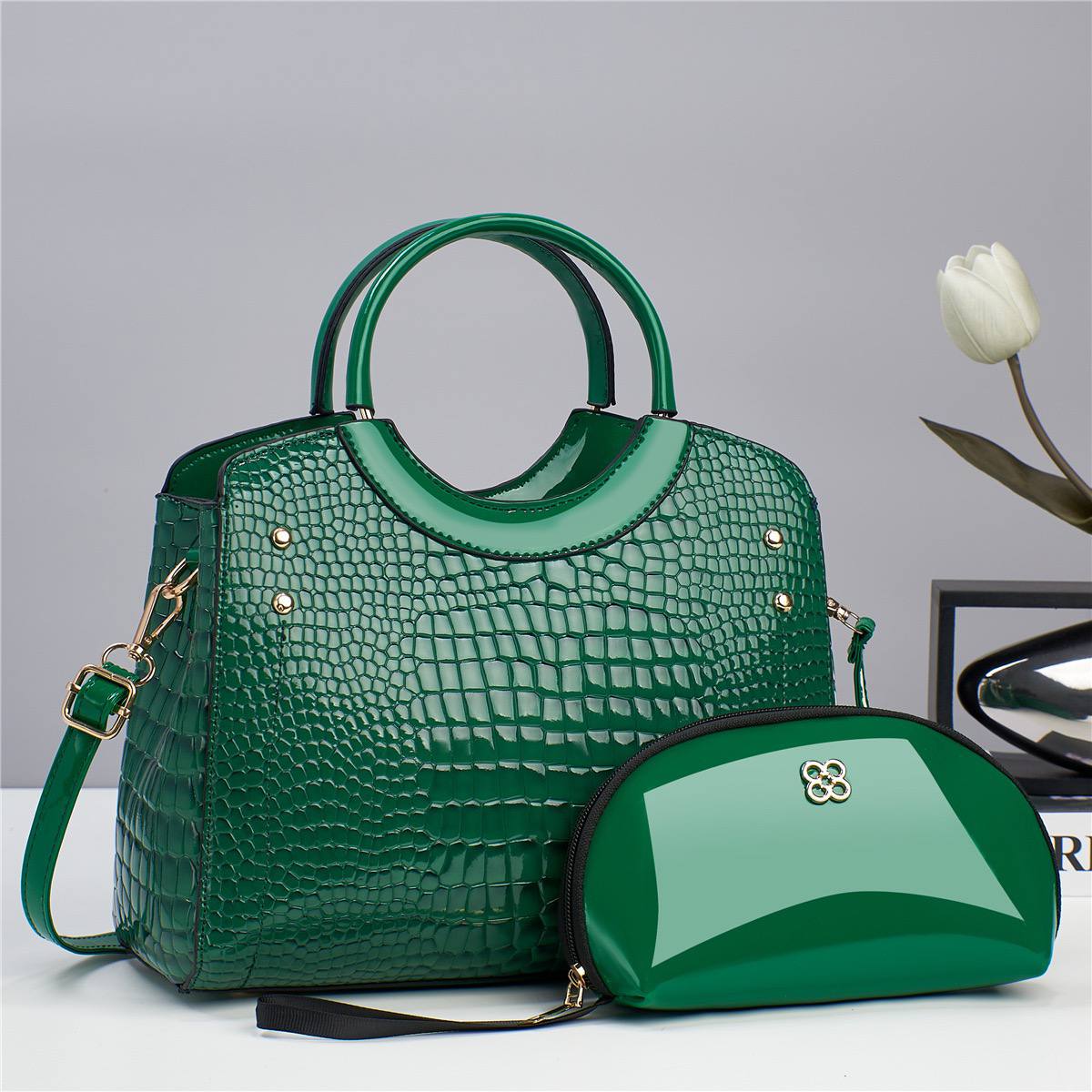 Croc-Textured Structured Handbag Set