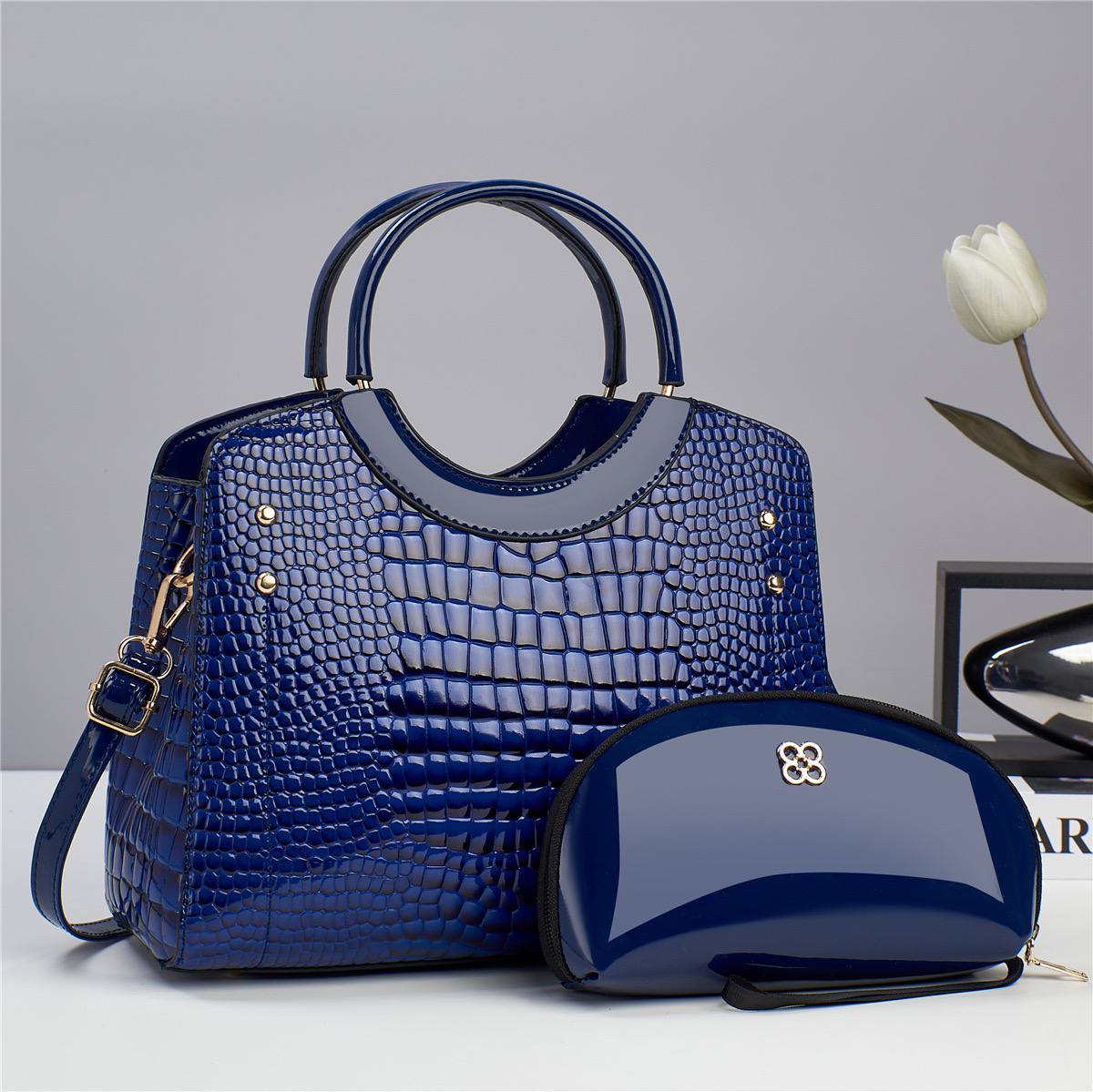 Croc-Textured Structured Handbag Set