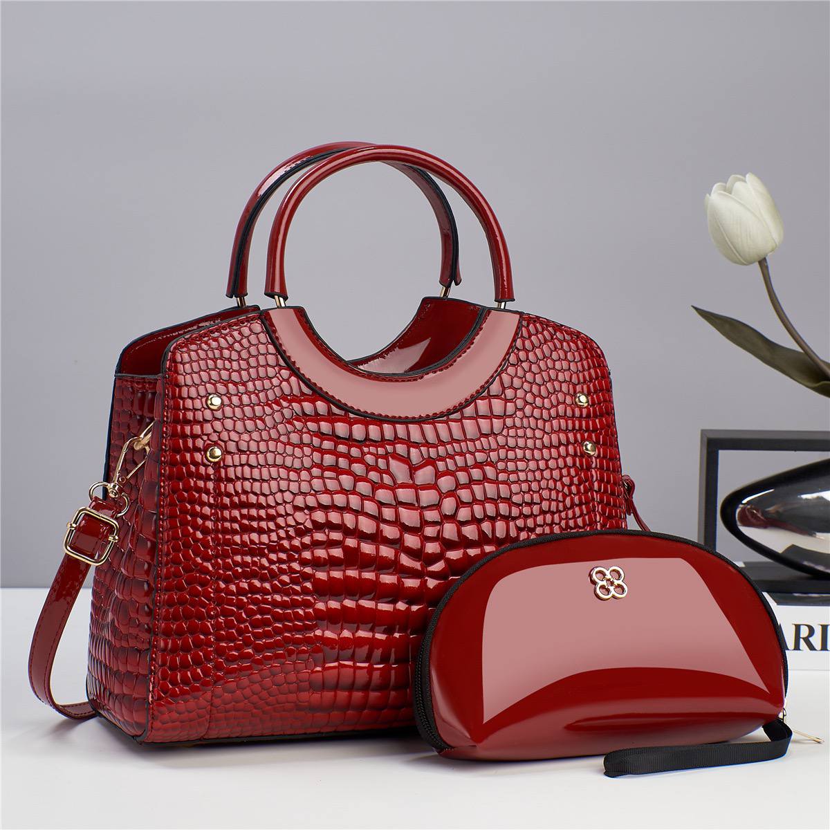 Croc-Textured Structured Handbag Set